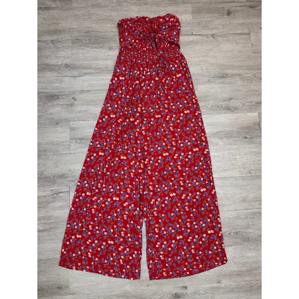 Red Floral Strapless Wide Leg Jumpsuit Smocked Tie Front Small